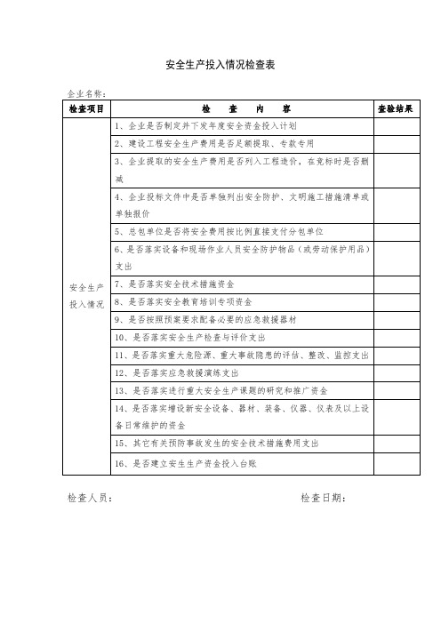 安全生产投入情况检查表