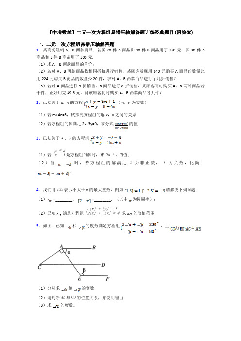 【中考数学】二元一次方程组易错压轴解答题训练经典题目(附答案)