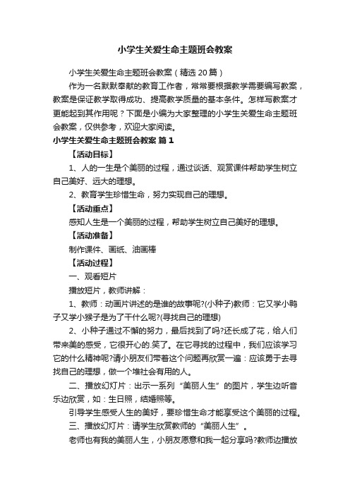 小学生关爱生命主题班会教案（精选20篇）