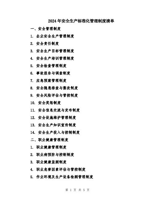 2024年安全生产标准化管理制度清单