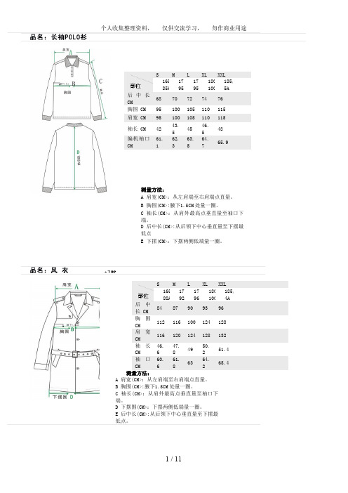 各类衣服尺寸大全