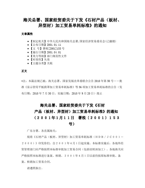 海关总署、国家经贸委关于下发《石材产品（板材、异型材）加工贸易单耗标准》的通知