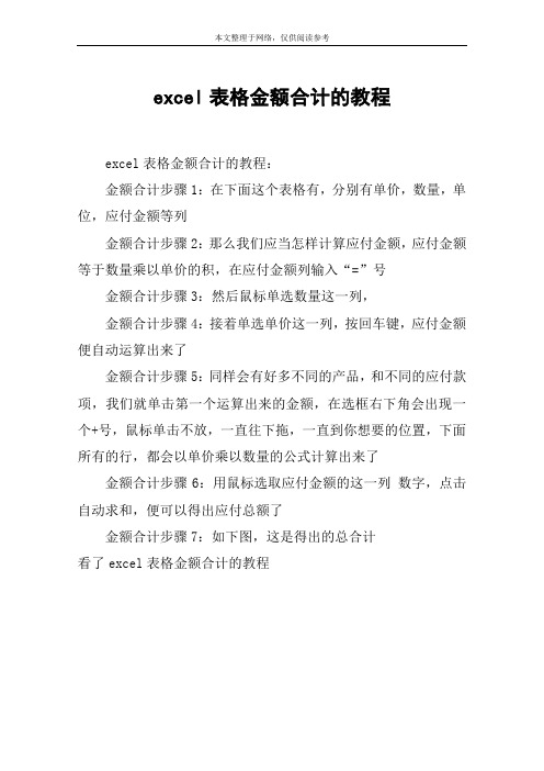 excel表格金额合计的教程