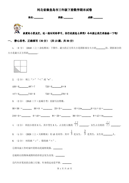 河北省秦皇岛市三年级下册数学期末试卷