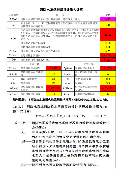 消火栓泵扬程及设计压力计算表格