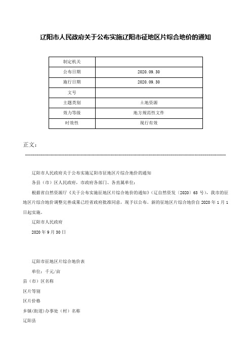 辽阳市人民政府关于公布实施辽阳市征地区片综合地价的通知-