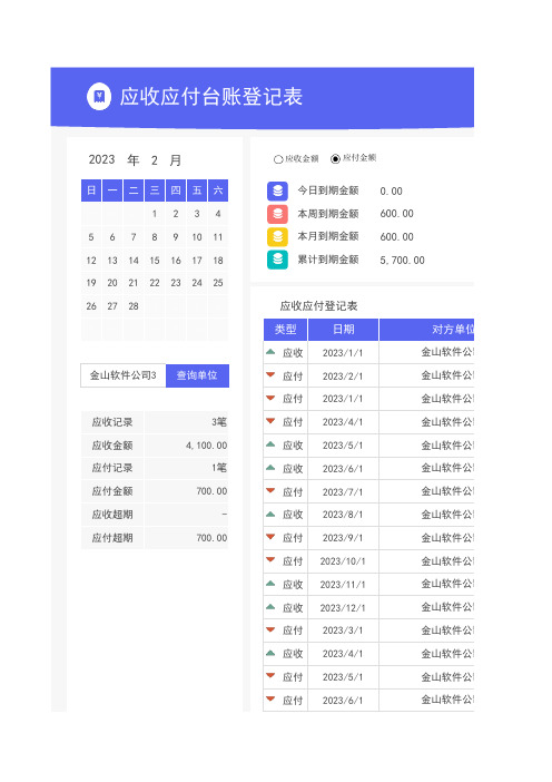 应收应付台账登记表