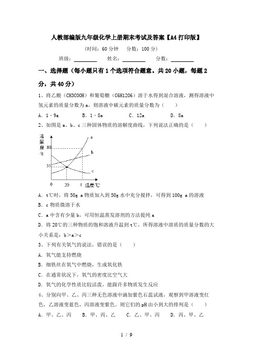 人教部编版九年级化学上册期末考试及答案【A4打印版】