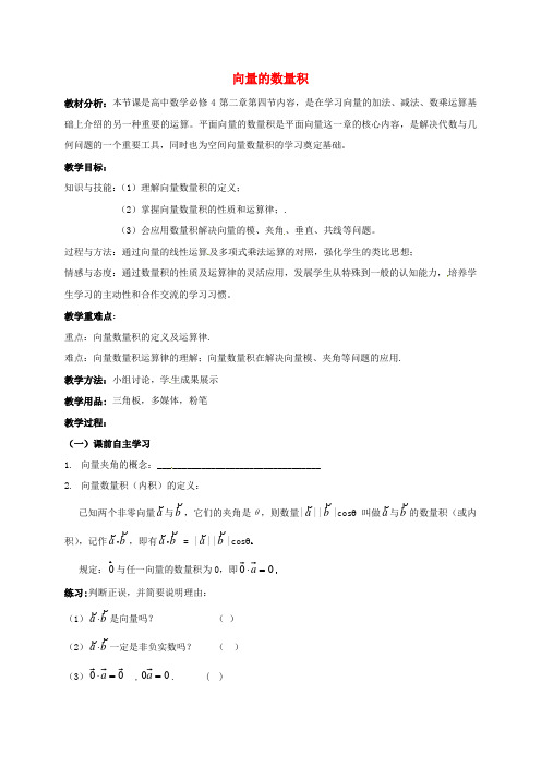 江苏省扬州市高中数学 第二章 平面向量 2.4 向量的数量积教学设计 新人教A版必修4