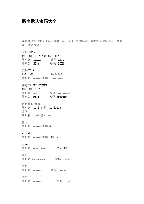 路由默认密码大全