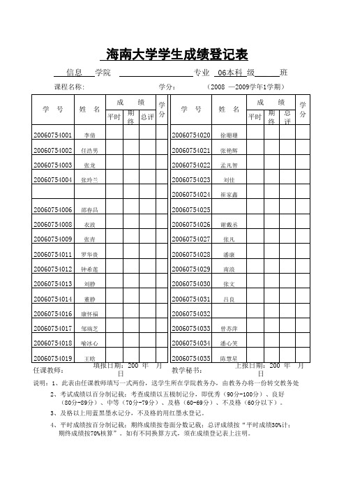 海南大学学生成绩登记表