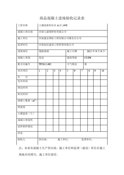商品混凝土进场验收记录表1