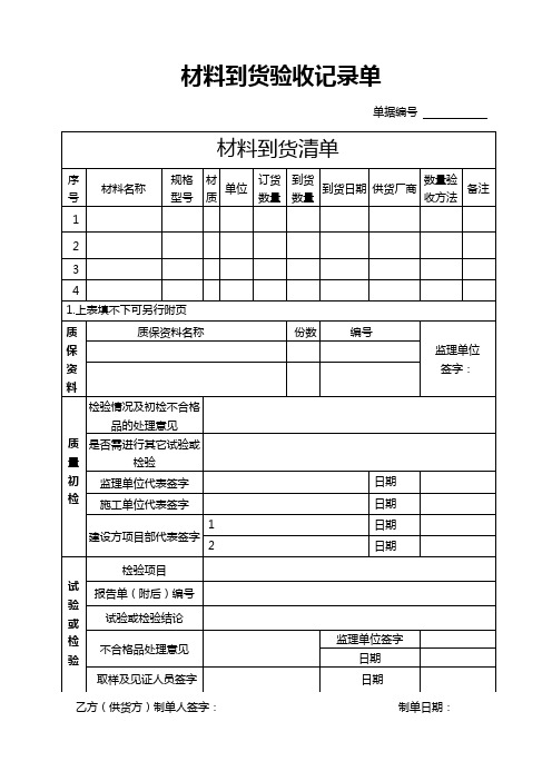 工程项目材料到货验收记录单