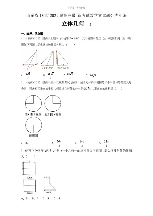 山东省13市2021届高三最新考试数学文试题分类汇编_立体几何 全国通用 Word版含答案