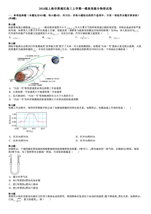 2024届上海市黄浦区高三上学期一模高效提分物理试卷