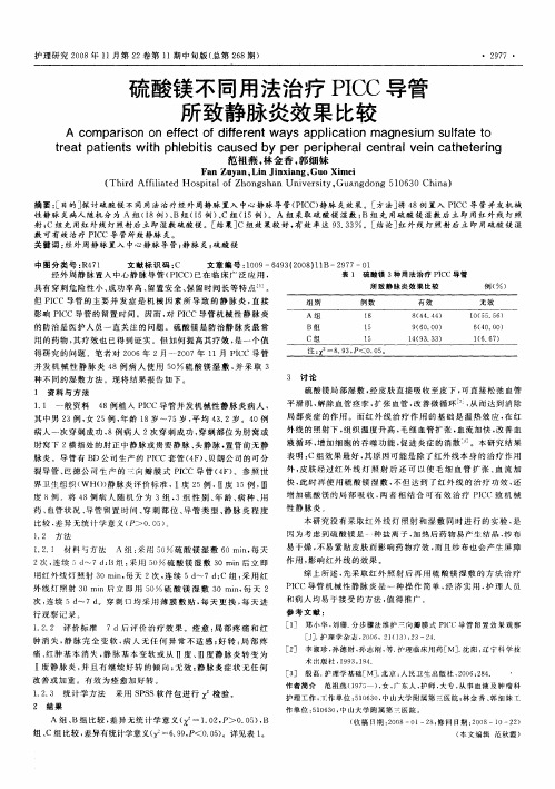 硫酸镁不同用法治疗PICC导管所致静脉炎效果比较