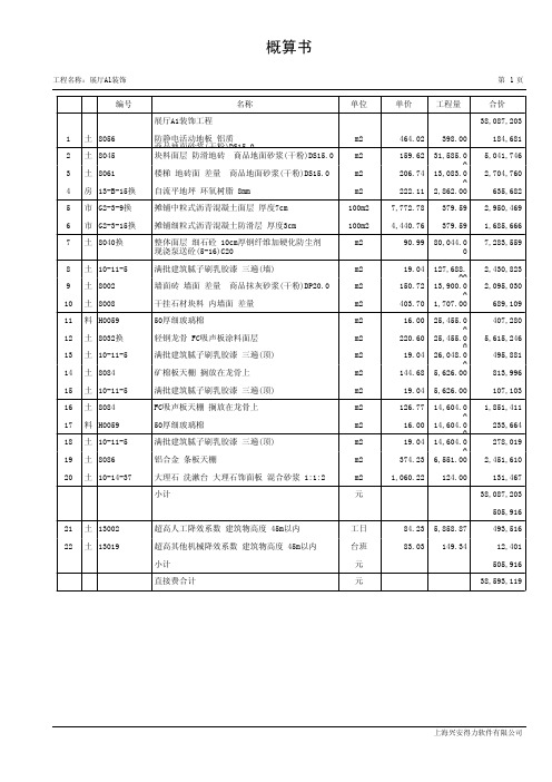 展厅A1装饰概算书【XX会展综合体项目】