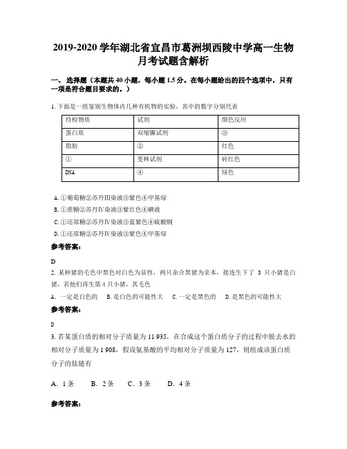 2019-2020学年湖北省宜昌市葛洲坝西陵中学高一生物月考试题含解析
