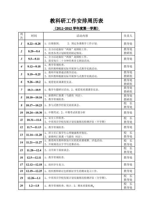 教科研工作安排周历表