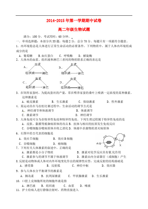 江苏省盐城市南洋中学高二生物上学期期中试题2