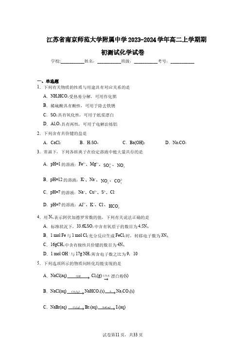 江苏省南京师范大学附属中学2023-2024学年高二上学期期初测试化学试卷