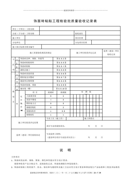 饰面砖粘贴工程检验批质量验收记录表