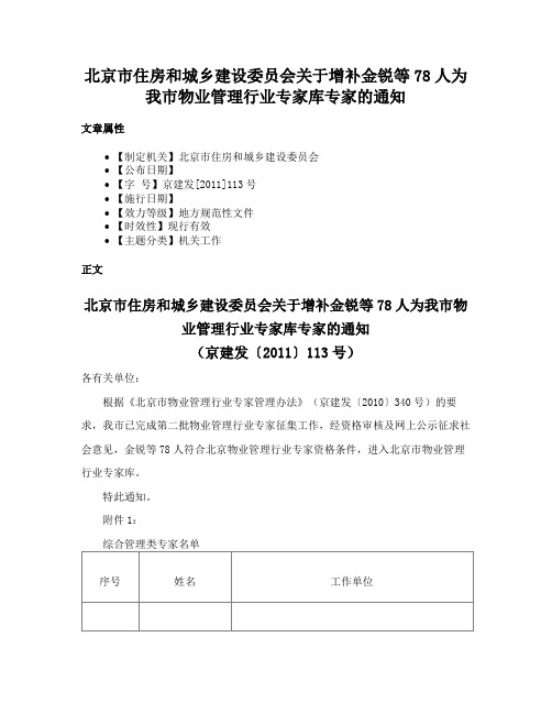 北京市住房和城乡建设委员会关于增补金锐等78人为我市物业管理行业专家库专家的通知