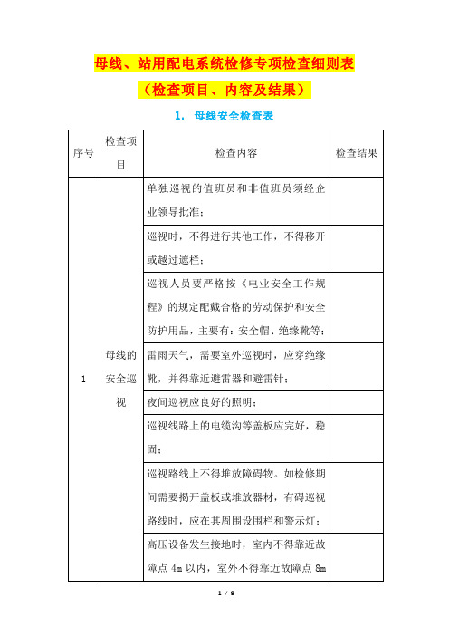 母线、站用配电系统检修专项检查细则表(检查项目、内容及结果)