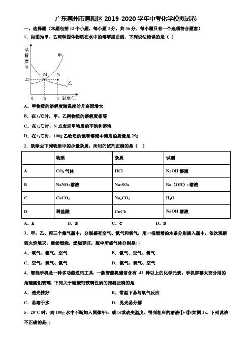 【附20套中考模拟试卷】广东惠州市惠阳区2019-2020学年中考化学模拟试卷含解析