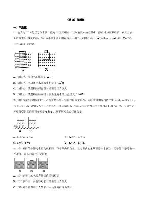 人教版初中物理八年级下册第十章《浮力》检测题(含答案)