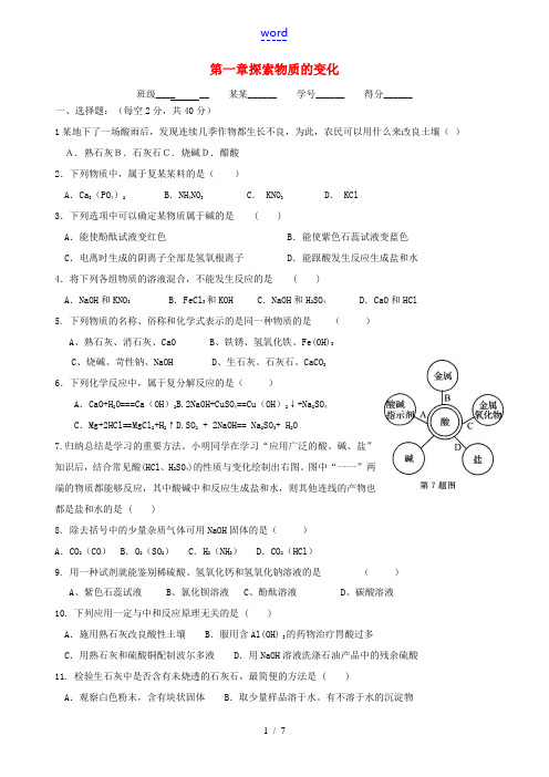 九年级科学上册 第一章 探索物质的变化试题 浙教版