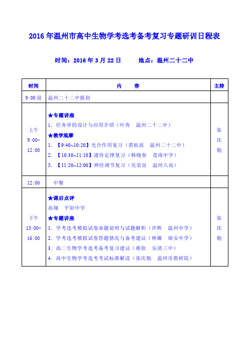 温州市2011年高考生物学科分析与复习研讨会议程表