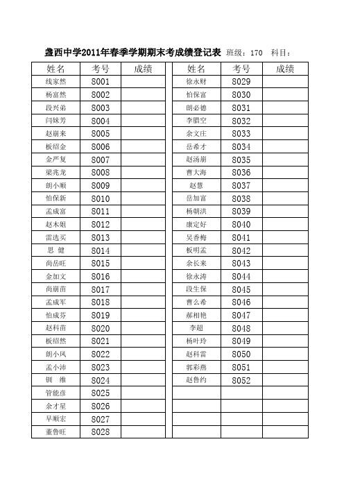 盏西中学2011年春季期末考成绩登记表