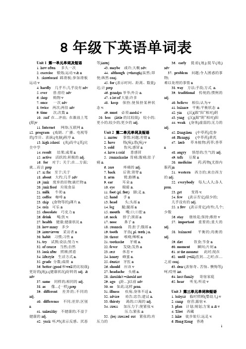 人教版初中八年级年级英语单词表