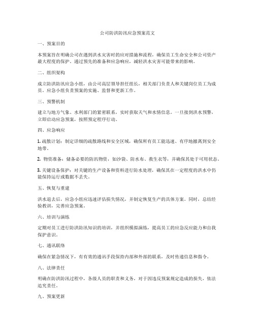 公司防洪防汛应急预案范文