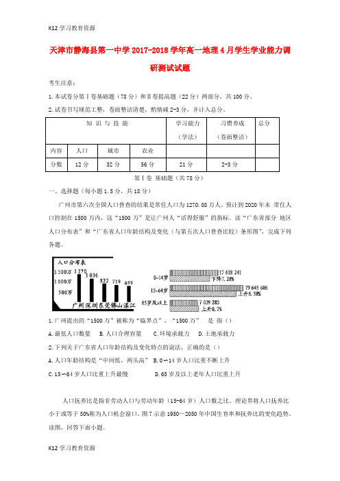 [K12学习]天津市静海县2017-2018学年高一地理4月学生学业能力调研测试试题(高考类)