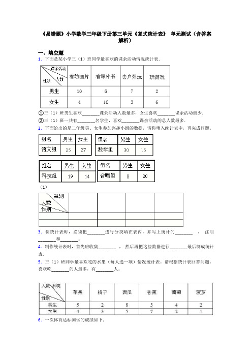 《易错题》小学数学三年级下册第三单元《复式统计表》 单元测试(含答案解析)