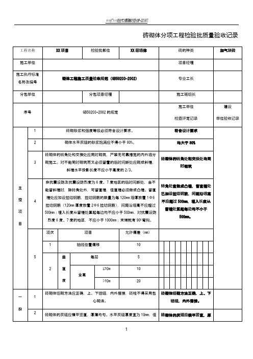 砖砌体分项工程检验批质量验收记录