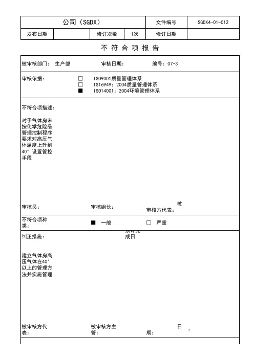 2020年 ISO14001质量管理体系-不 符 合 项 报 告-办公室-内审资料-生产部