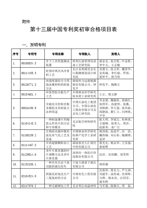 第十三届中国专利奖初审合格项目表