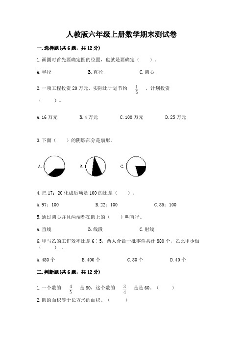 人教版六年级上册数学期末测试卷含完整答案(历年真题)