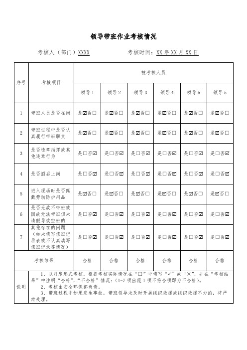 领导带班作业考核情况统计表