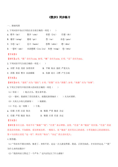 2019-2020学年部编版七年级语文上册专题06《散步》同步练习(含答案)