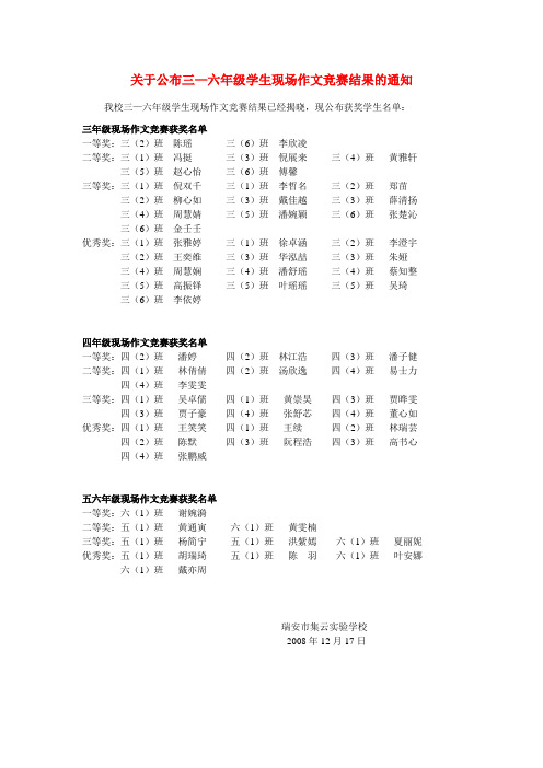 关于公布三—六年级学生现场作文竞赛结果的通知