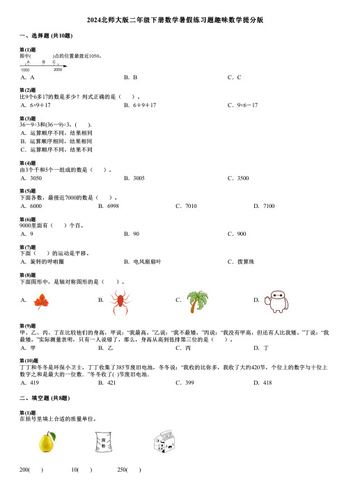 2024北师大版二年级下册数学暑假练习题趣味数学提分版