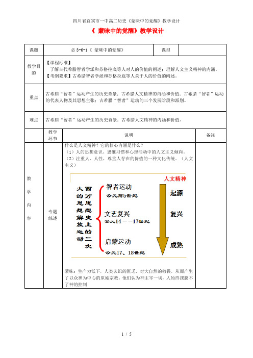 四川省宜宾市一中高二历史《蒙昧中的觉醒》教学设计