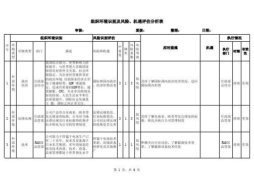 组织环境识别及风险 机遇评估分析表