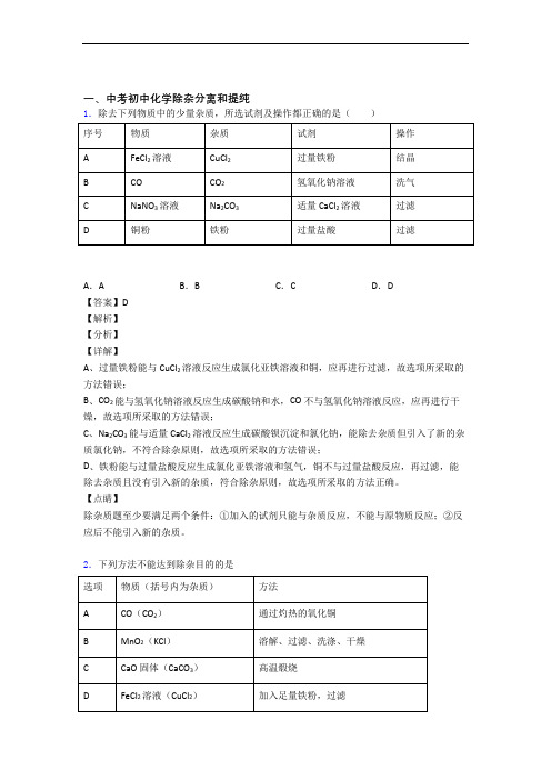 2020-2021中考化学 除杂分离和提纯 综合题及答案解析