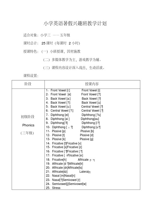 小学英语暑假兴趣班教学计划2018