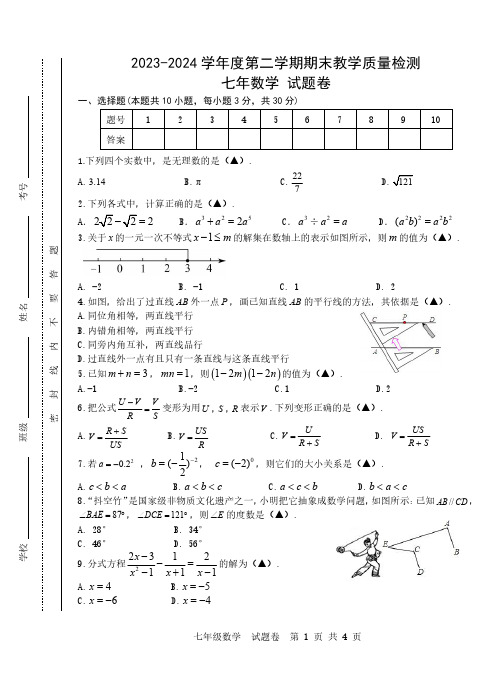 安徽合肥2024年七年级下学期6月期末考试数学试题